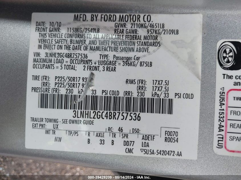 2011 Lincoln Mkz VIN: 3LNHL2GC4BR757536 Lot: 39429209