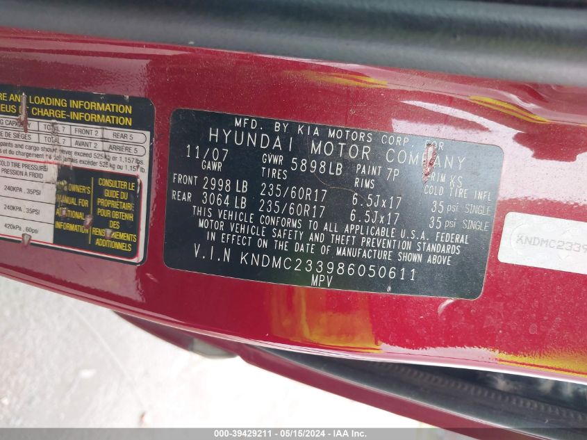 2008 Hyundai Entourage Gls/Limited VIN: KNDMC233986050611 Lot: 39429211