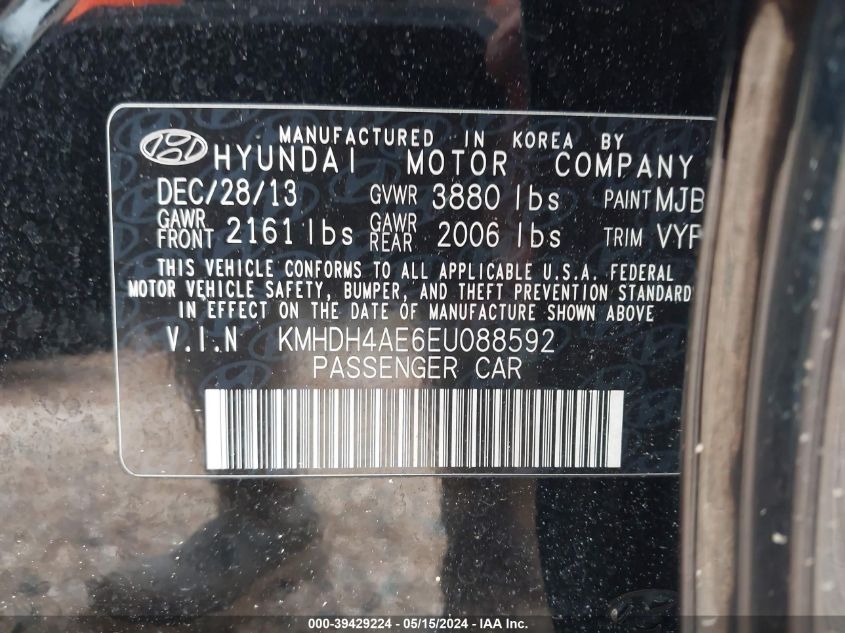 2014 Hyundai Elantra Se VIN: KMHDH4AE6EU088592 Lot: 39429224