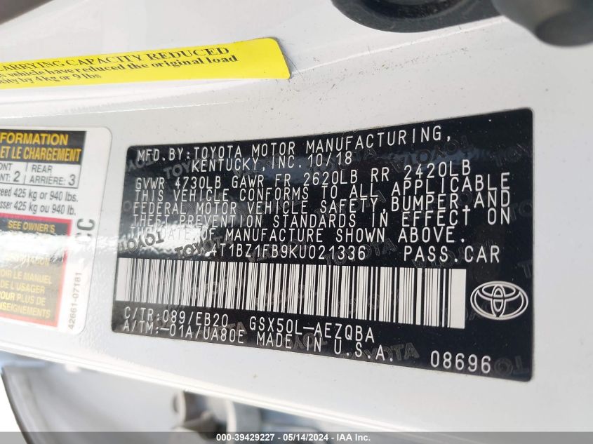 2019 Toyota Avalon Xse VIN: 4T1BZ1FB9KU021336 Lot: 39429227