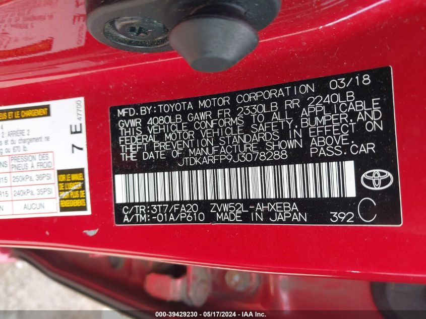 2018 Toyota Prius Prime Plus VIN: JTDKARFP9J3078288 Lot: 39429230