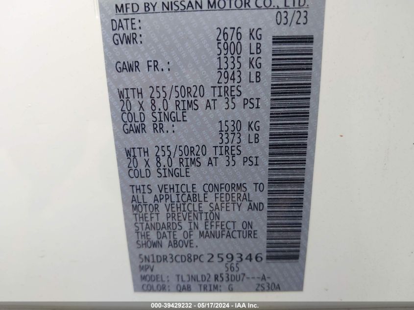 2023 Nissan Pathfinder Sl 4Wd VIN: 5N1DR3CD8PC259346 Lot: 39429232