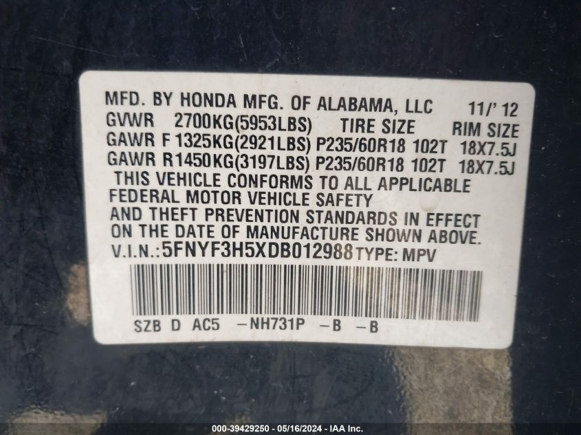 2013 Honda Pilot Ex-L VIN: 5FNYF3H5XDB012988 Lot: 39429250