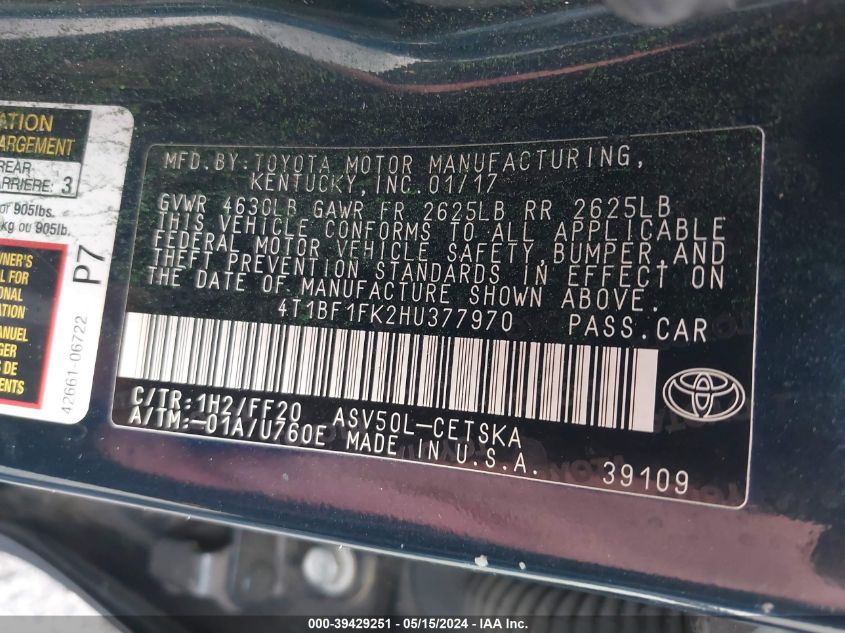2017 TOYOTA CAMRY SE - 4T1BF1FK2HU377970