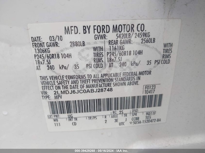 2010 Lincoln Mkx VIN: 2LMDJ6JC0ABJ28748 Lot: 39429268