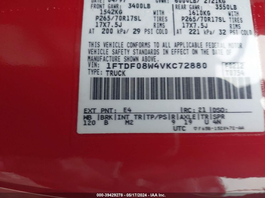 1997 Ford F-150 Lariat/Xl/Xlt VIN: 1FTDF08W4VKC72880 Lot: 39429278