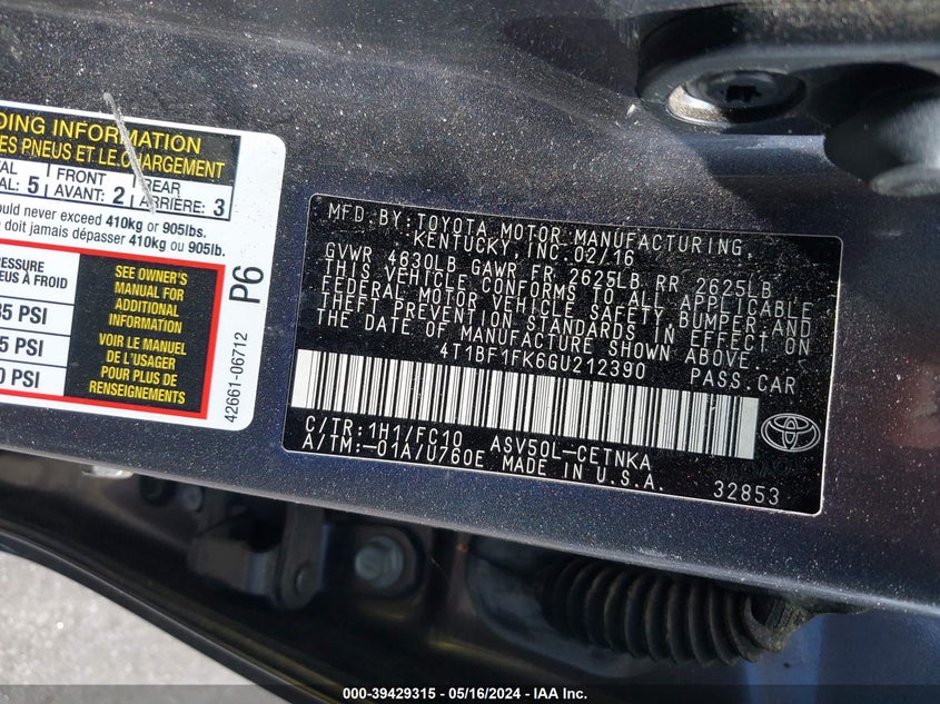 2016 Toyota Camry Le VIN: 4T1BF1FK6GU212390 Lot: 39429315