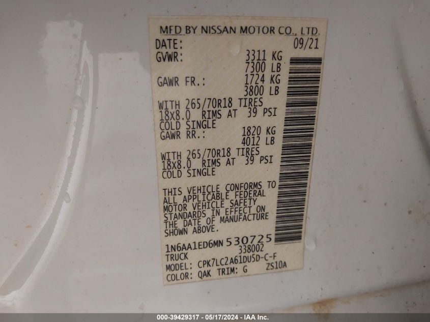 2021 Nissan Titan Sv 4X4 VIN: 1N6AA1ED6MN530725 Lot: 39429317