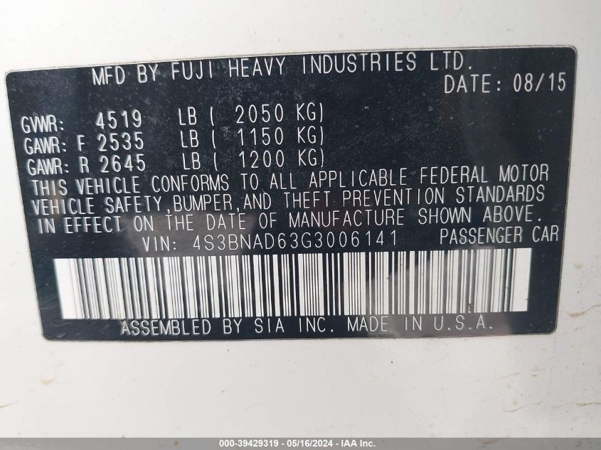 2016 Subaru Legacy 2.5I Premium VIN: 4S3BNAD63G3006141 Lot: 39429319