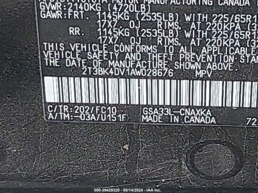 2010 Toyota Rav4 Base V6 VIN: 2T3BK4DV1AW028676 Lot: 39429320