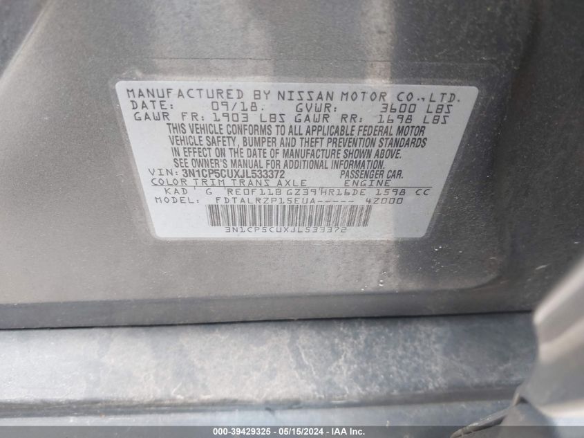 2018 Nissan Kicks S VIN: 3N1CP5CUXJL533372 Lot: 39429325