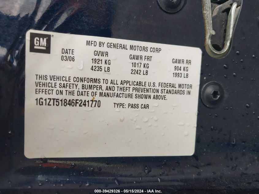2006 Chevrolet Malibu Lt VIN: 1G1ZT51846F241770 Lot: 39429326