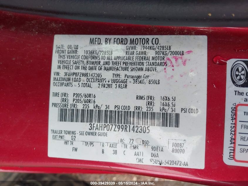2009 Ford Fusion Se VIN: 3FAHP07Z99R142305 Lot: 39429339
