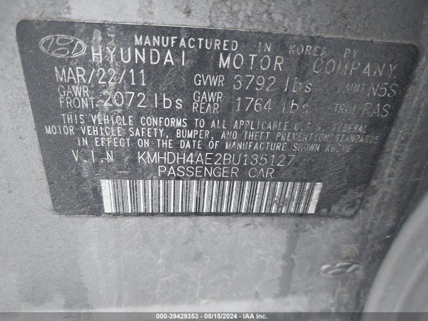 2011 Hyundai Elantra Gls (Ulsan Plant) VIN: KMHDH4AE2BU135127 Lot: 39429353