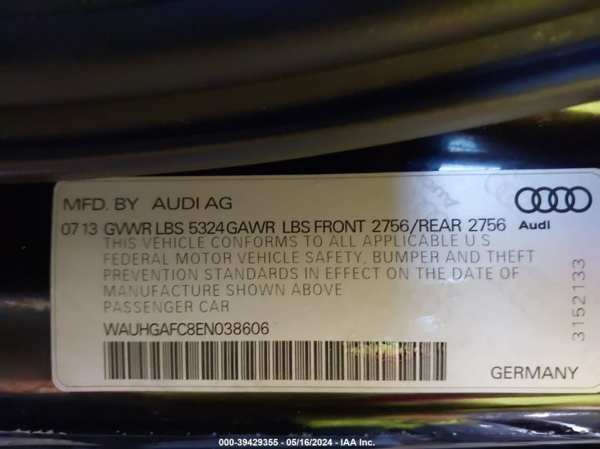 2014 Audi A6 3.0T Premium Plus VIN: WAUHGAFC8EN038606 Lot: 39429355
