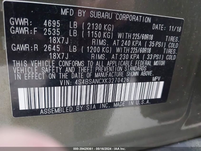 2019 Subaru Outback 2.5I Limited VIN: 4S4BSANCXK3270426 Lot: 39429361