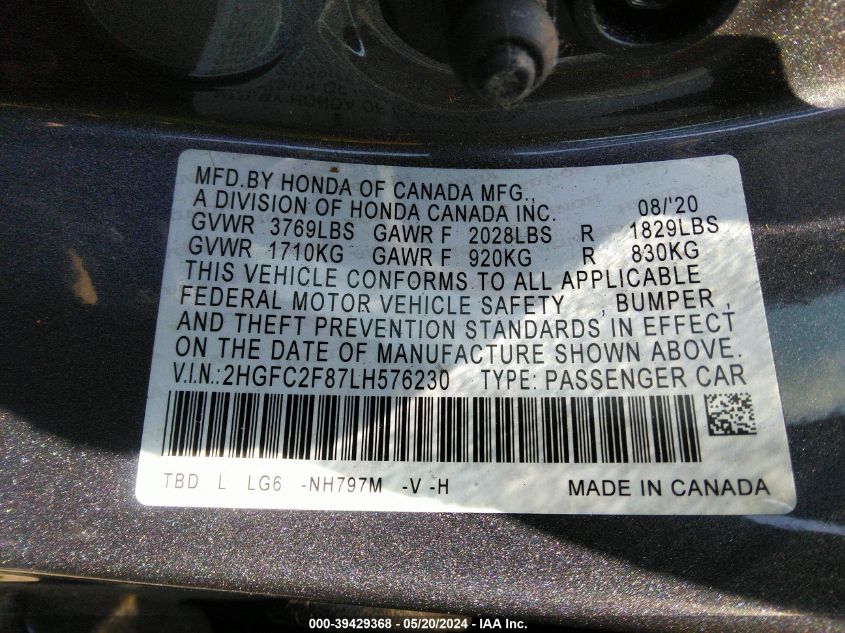2020 Honda Civic Sport VIN: 2HGFC2F87LH576230 Lot: 39429368