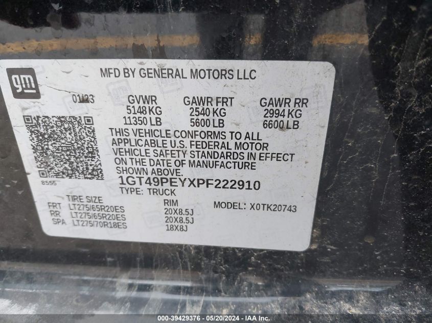 2023 GMC Sierra 2500Hd 4Wd Standard Bed At4 VIN: 1GT49PEYXPF222910 Lot: 39429376