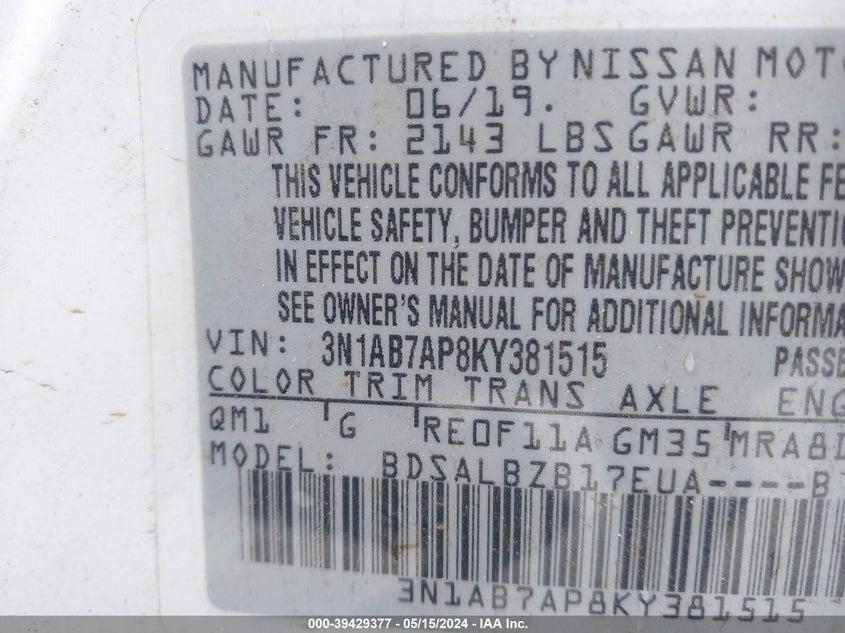 2019 NISSAN SENTRA VIN: 3N1AB7AP8KY381515