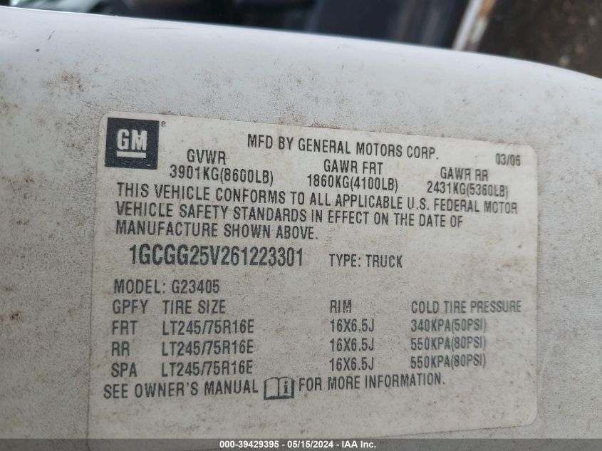 2006 Chevrolet Express Work Van VIN: 1GCGG25V261223301 Lot: 39429395