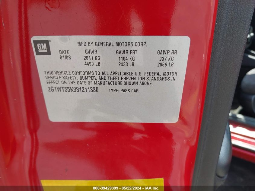 2008 Chevrolet Impala Lt VIN: 2G1WT55K981211330 Lot: 39429399