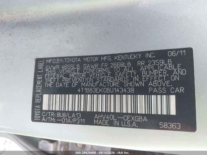 2011 Toyota Camry Hybrid VIN: 4T1BB3EK0BU143438 Lot: 39429406