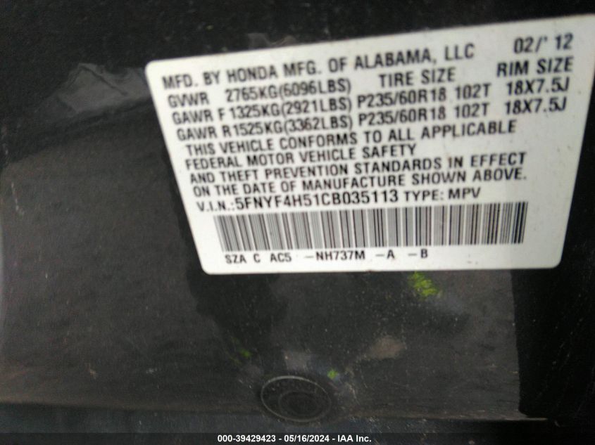 2012 Honda Pilot Ex-L VIN: 5FNYF4H51CB035113 Lot: 39429423