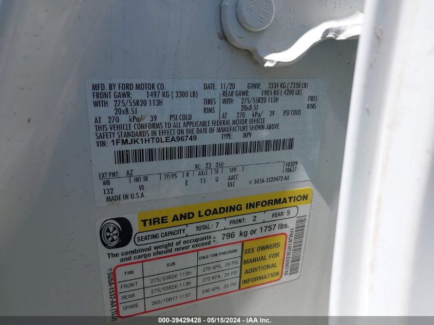 2020 Ford Expedition Xlt Max VIN: 1FMJK1HT0LEA96749 Lot: 39429428
