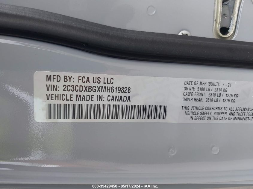 2021 Dodge Charger Sxt Rwd VIN: 2C3CDXBGXMH619828 Lot: 39429450