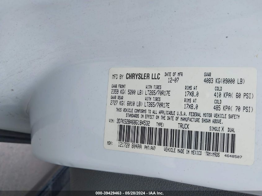 2008 Dodge Ram 2500 Slt/Power Wagon VIN: 3D7KS28A68G184532 Lot: 39429463