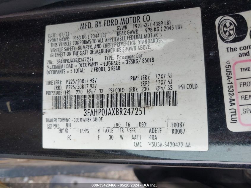 2011 Ford Fusion Sel VIN: 3FAHP0JAXBR247251 Lot: 39429466