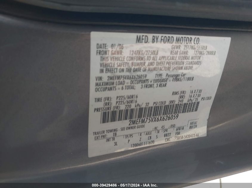 2006 Mercury Grand Marquis Ls VIN: 2MEFM75VX6X626059 Lot: 39429486