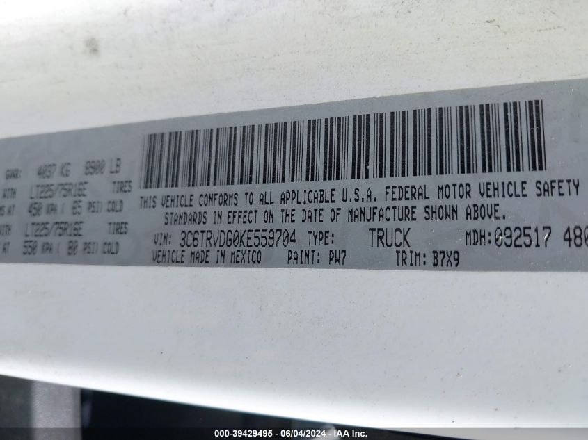 2019 Ram Promaster 2500 High Roof 159 Wb VIN: 3C6TRVDG0KE559704 Lot: 39429495