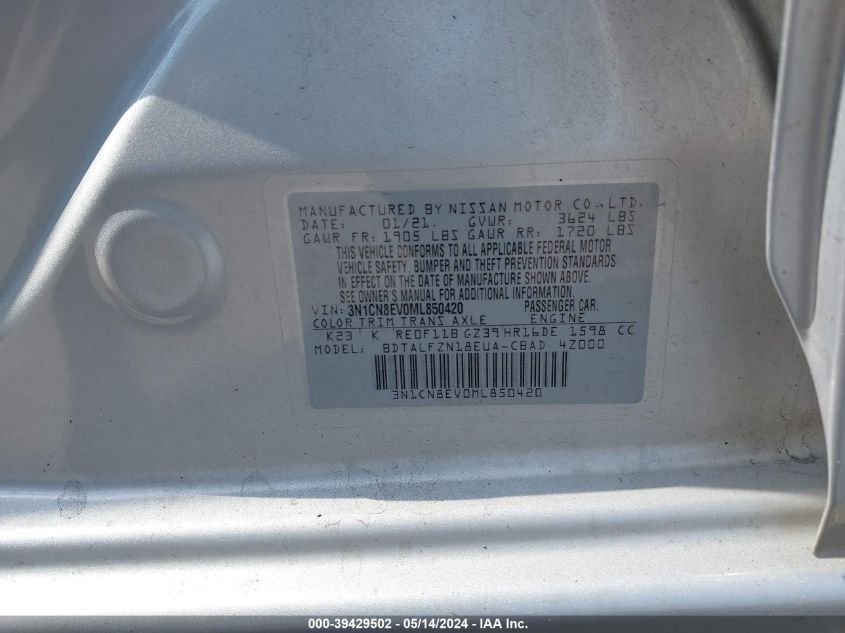 2021 Nissan Versa Sv Xtronic Cvt VIN: 3N1CN8EV0ML850420 Lot: 39429502