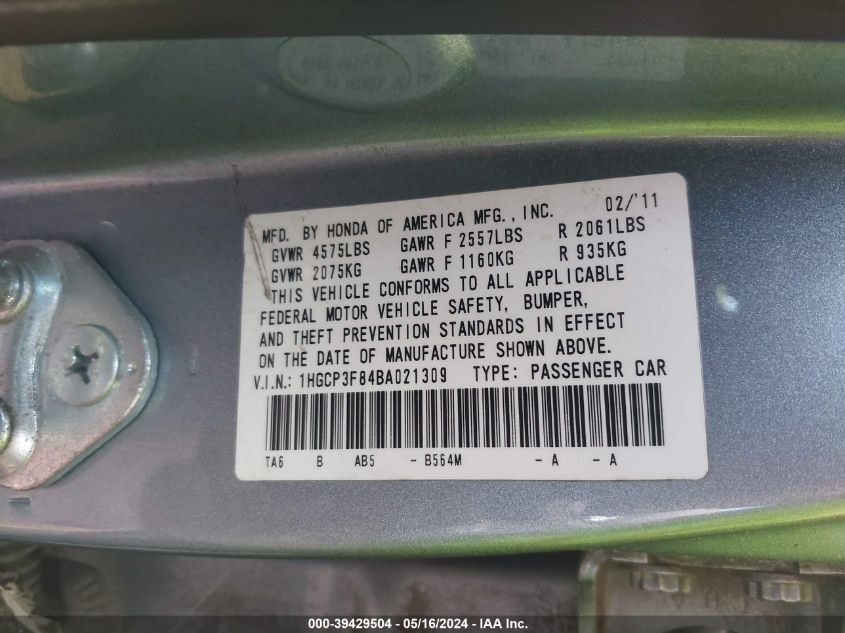 2011 Honda Accord 3.5 Ex-L VIN: 1HGCP3F84BA021309 Lot: 39429504