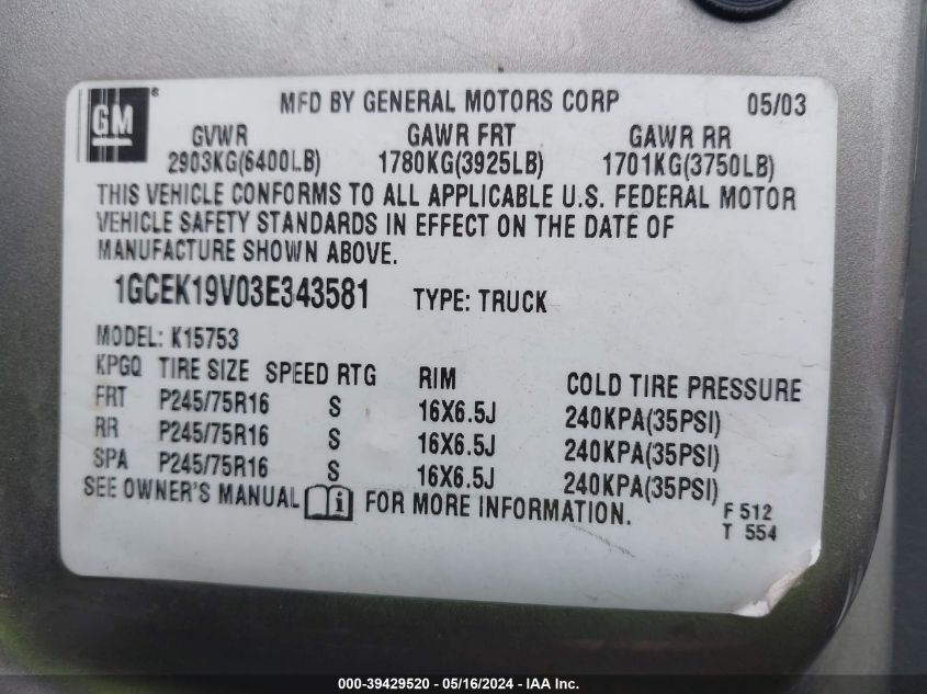 2003 Chevrolet Silverado 1500 VIN: 1GCEK19V03E343581 Lot: 39429520