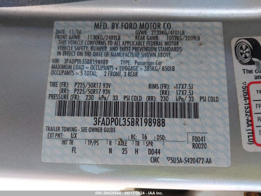 2011 Ford Fusion Hybrid Hybrid VIN: 3FADP0L35BR198988 Lot: 39429544