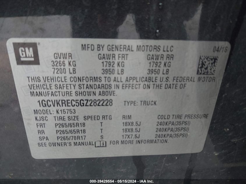 2016 Chevrolet Silverado 1500 1Lt VIN: 1GCVKREC5GZ282228 Lot: 39429554