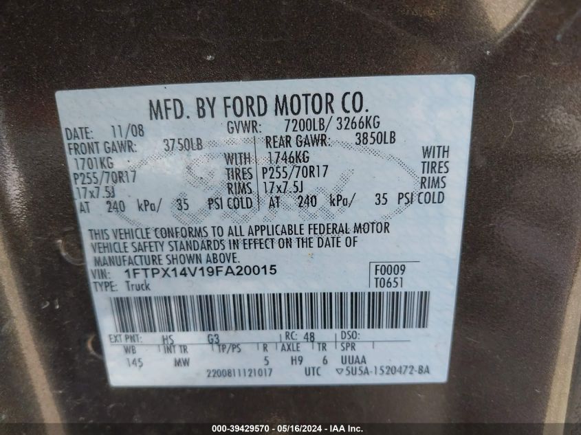 2009 Ford F-150 Fx4/Lariat/Xl/Xlt VIN: 1FTPX14V19FA20015 Lot: 39429570