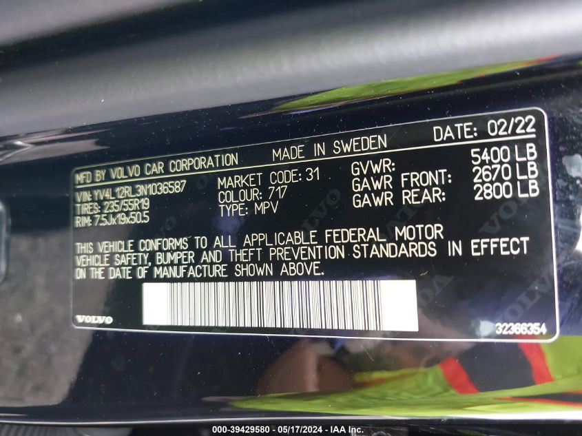 2022 Volvo Xc60 B5 Inscription VIN: YV4L12RL3N1036587 Lot: 39429580