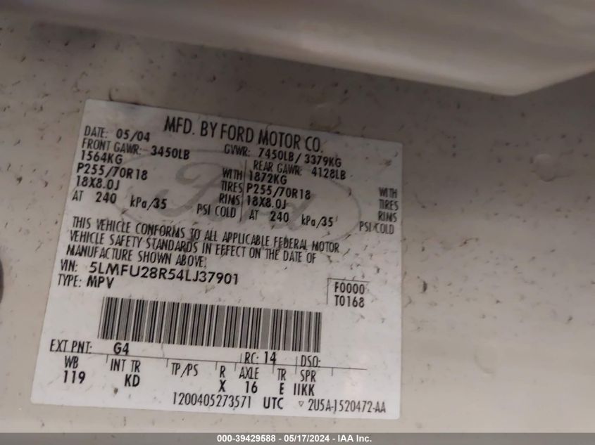 2004 Lincoln Navigator VIN: 5LMFU28R54LJ37901 Lot: 39429588