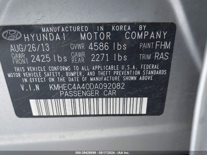 2013 Hyundai Sonata Hybrid Limited VIN: KMHEC4A40DA092082 Lot: 39429599