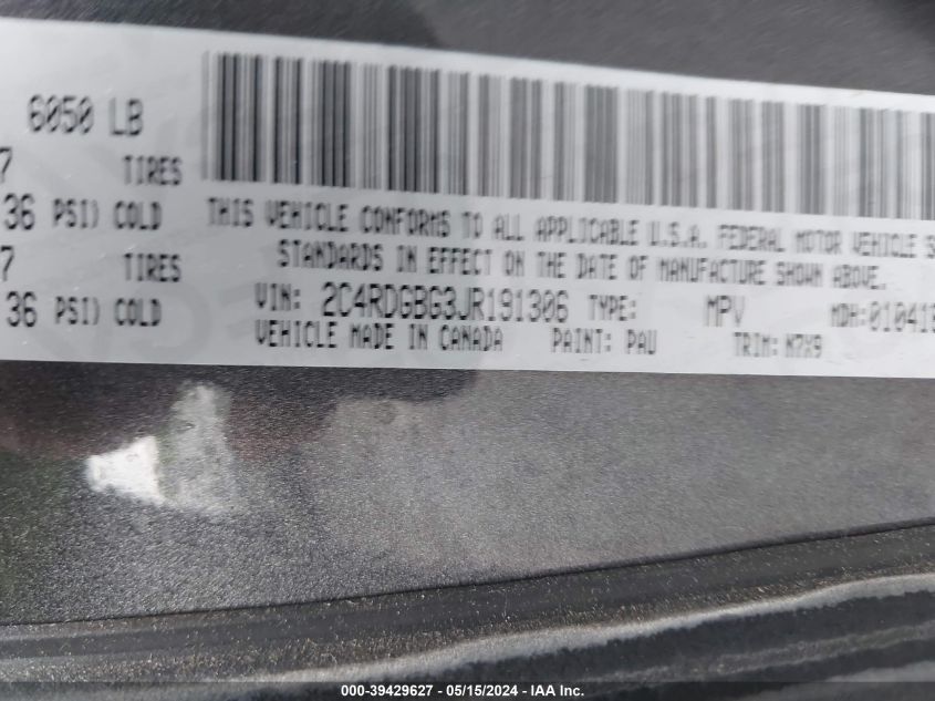 2018 Dodge Grand Caravan Se Plus VIN: 2C4RDGBG3JR191306 Lot: 39429627