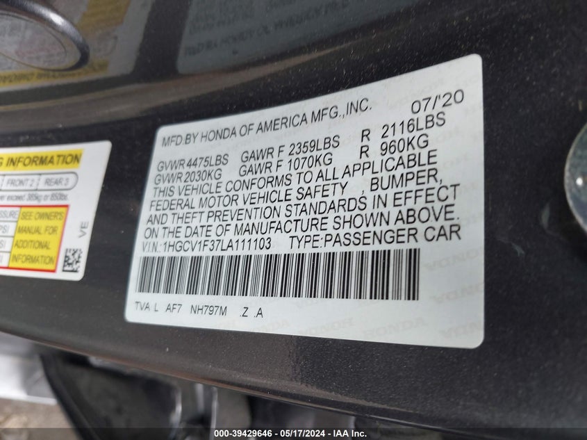 2020 HONDA ACCORD SPORT VIN: 1HGCV1F37LA111103