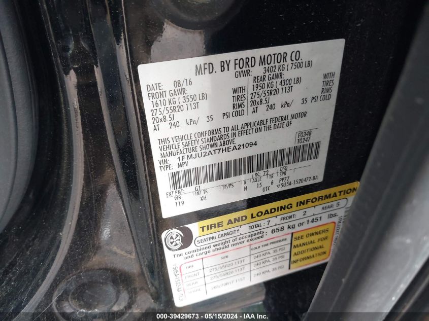 2017 Ford Expedition Limited VIN: 1FMJU2AT7HEA21094 Lot: 39429673