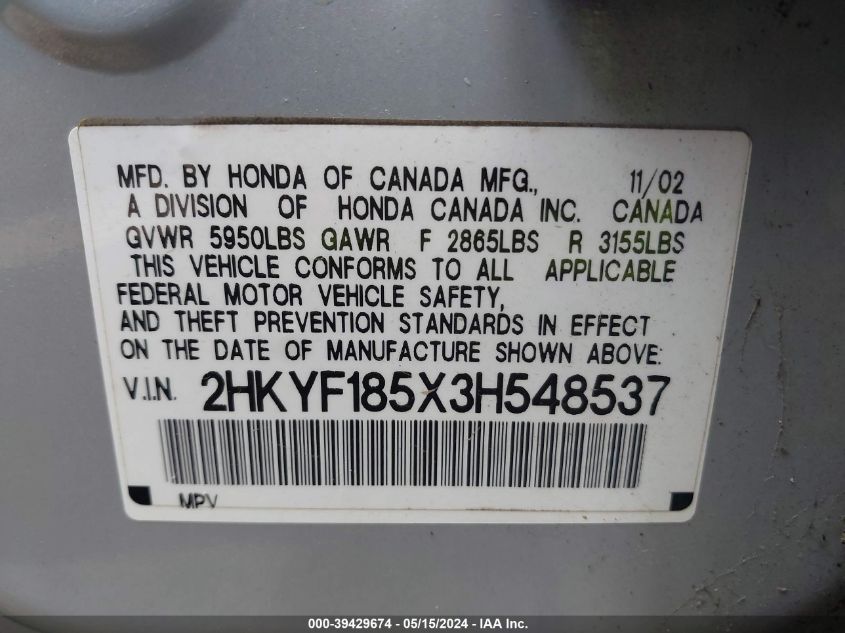 2003 Honda Pilot Ex-L VIN: 2HKYF185X3H548537 Lot: 39429674