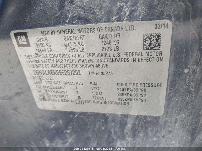 2014 Chevrolet Equinox Ls VIN: 2GNALAEK6E6287202 Lot: 39429675