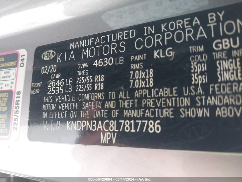 2020 Kia Sportage Ex VIN: KNDPN3AC8L7817786 Lot: 39429684