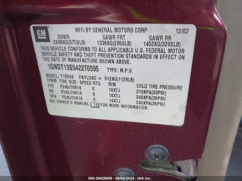 2004 Chevrolet Trailblazer Ls VIN: 1GNDT13S542270595 Lot: 39429689