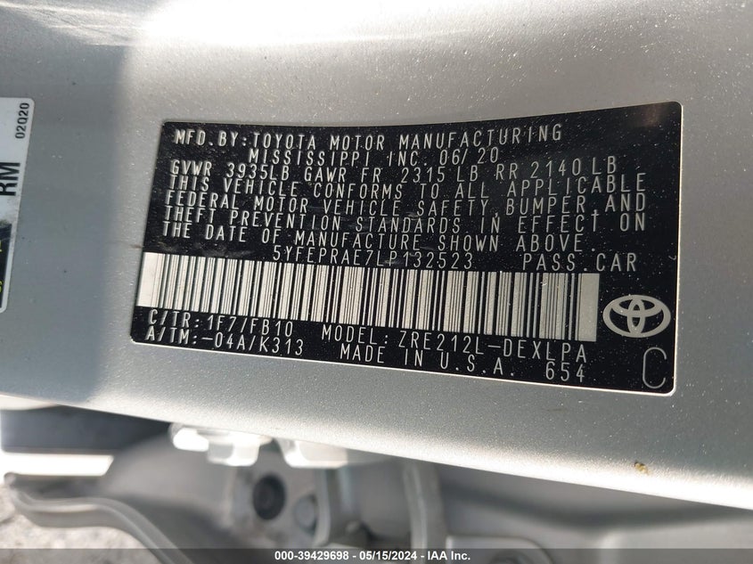 VIN 5YFEPRAE7LP132523 2020 TOYOTA COROLLA LE